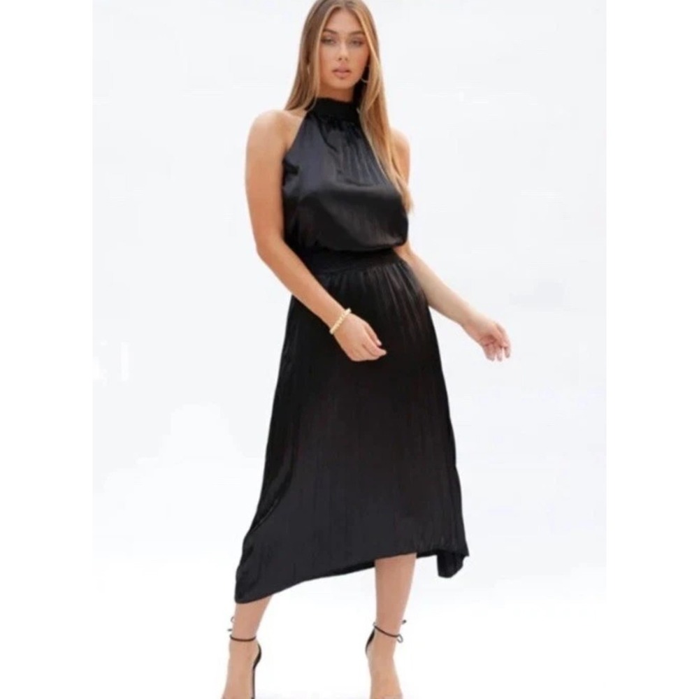 New Bishop + Young Midnight Sari Halter Pleated Midi Dress Smocked Waist M NWT